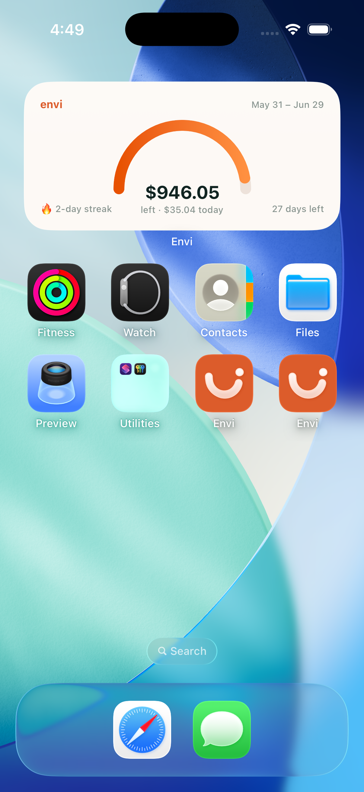 Envi widget pinned on a phone home screen